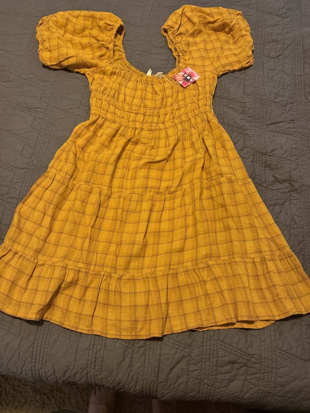 Roxy Jrs Mustard Yellow Puff-Sleeve Smocked Plaid Dress